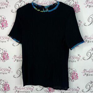 Orchid top tshirt floral trim details blue green Black Top with Blue Trim